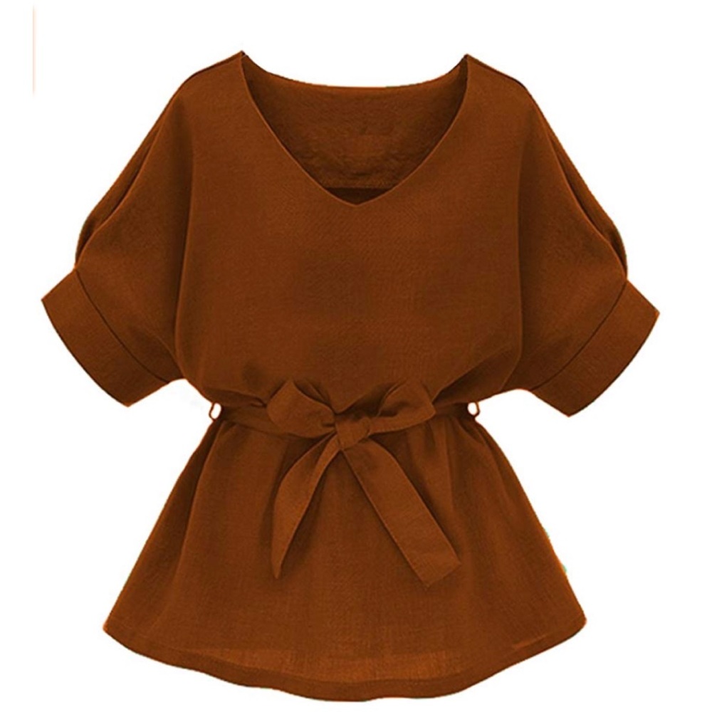 Front Tie Short Sleeve Blouse Batwing Shirt Top